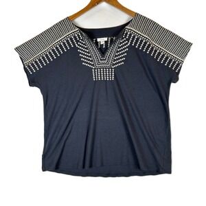 Pure Jill J Jill Embroidered V Neck Top Gray Linen Cotton Blend Women's L